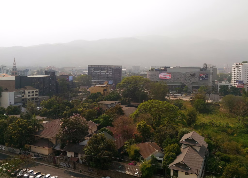 Grey smoke haze over Chiang Mai's buildings and trees in early March, with the hills behind almost hidden