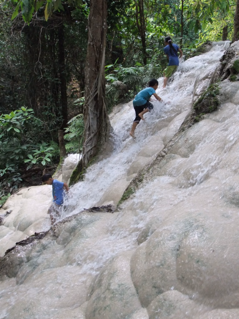 Visitors walking barefoot up the grippy limestone of the Sticky Waterfall